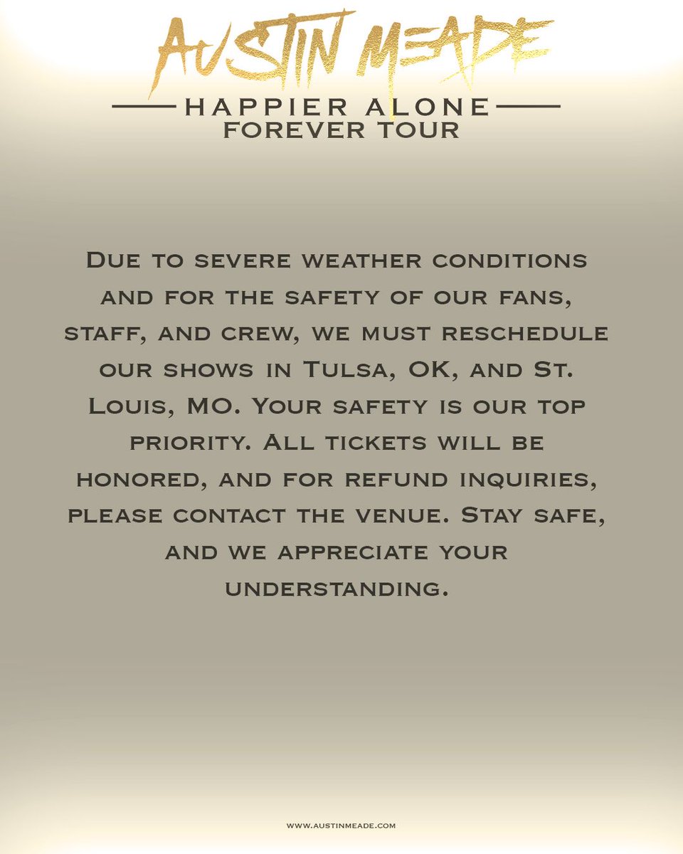 REMINDER

Tonight's show with Austin Meade has been postponed. 
New date will be coming ASAP. 

buff.ly/4b9rw7A