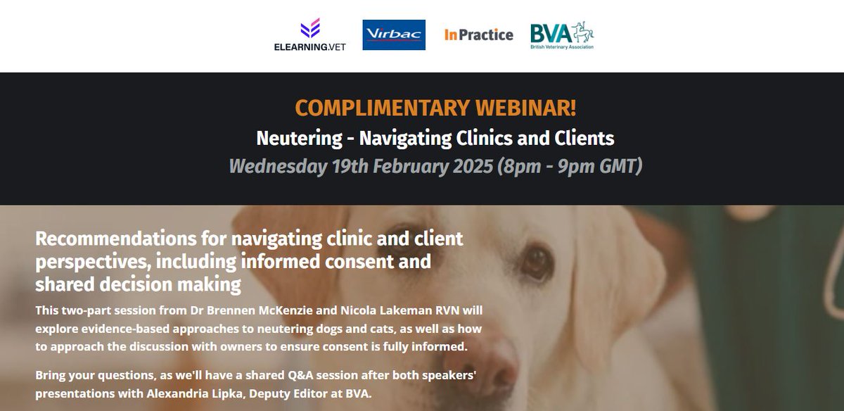 BritishVets's tweet image. Join Dr. Brennen McKenzie and Nicola Lakeman RVN tomorrow for this @Vet_Record #InPractice and Virbac webinar that will cover evidence-based approaches to neutering, recommendations for navigating clinic and client perspectives, and more. 

To register: membership.elearning.vet/neutering-mast…