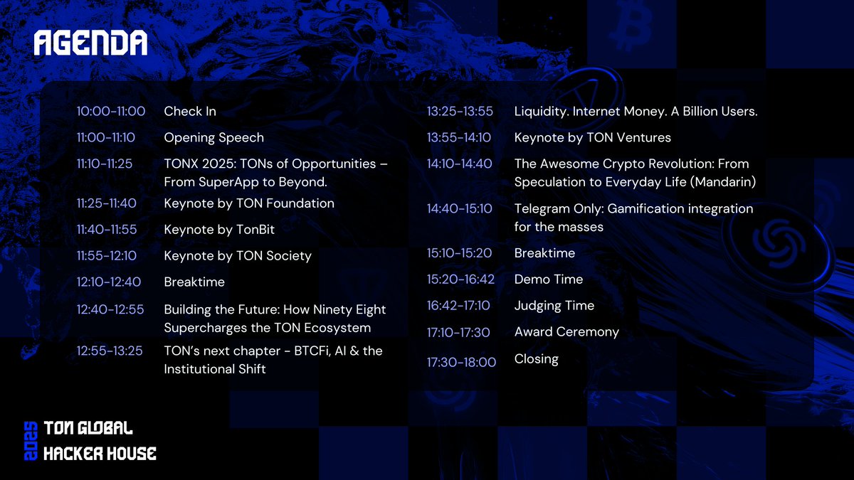 🚀 TON GLOBAL HACKER HOUSE – AGENDA IS HERE! 🏆

The wait is over!
The official agenda for TON GLOBAL HACKER HOUSE is live! 🎉

🔥 Get ready for an amazing lineup of speakers, panels, and deep-dive discussions on all things TON &amp; Web3.

💡 Afternoon Highlights:
🚀 Exciting demos