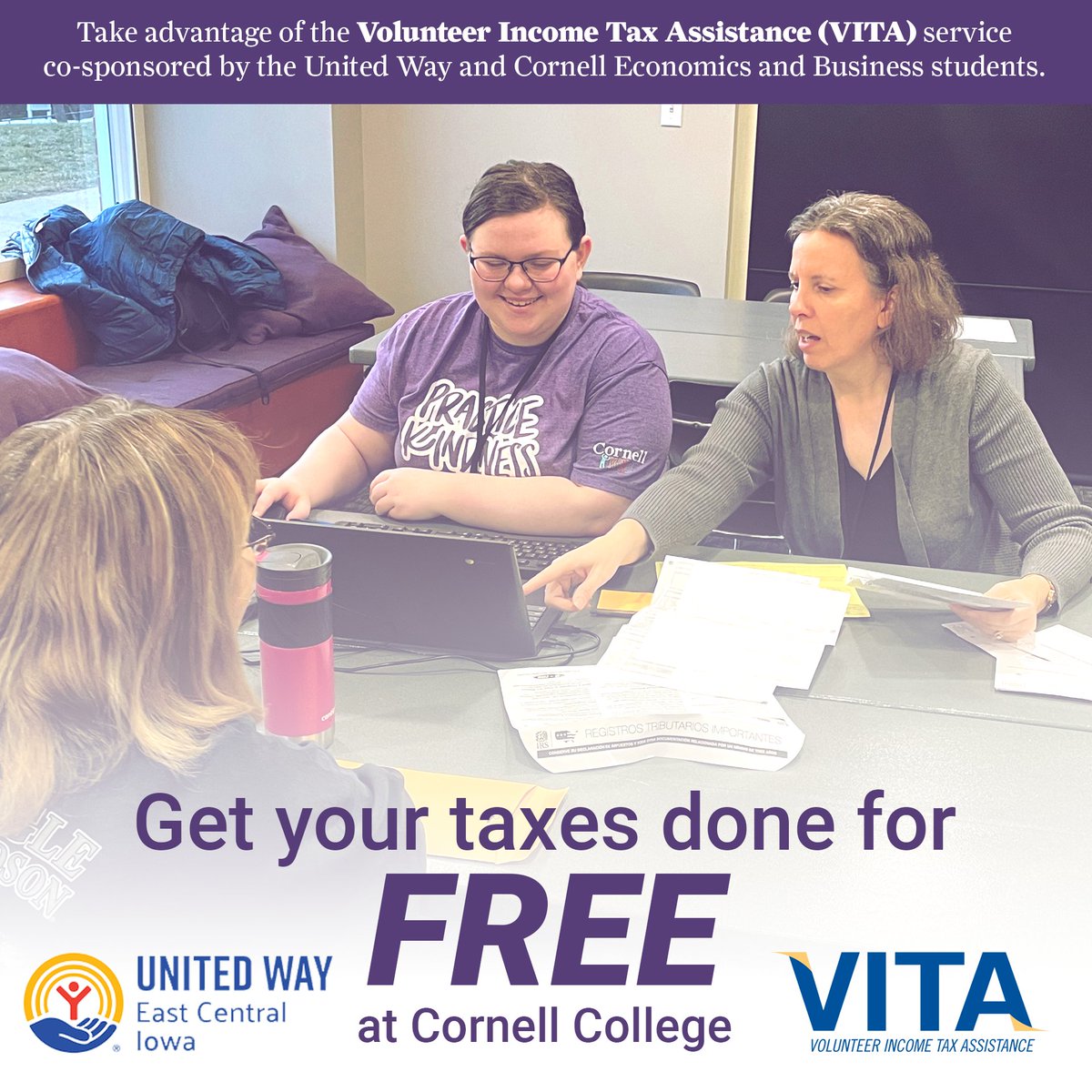 CornellCollege's tweet photo. Did you know that you can get your taxes done for free at Cornell?
For the second year, we’ve partnered with VITA to offer free tax preparation for students and the local community. Click the link to book an appointment: https://t.co/rqulCuw28a https://t.co/hTsQFUAR9u
