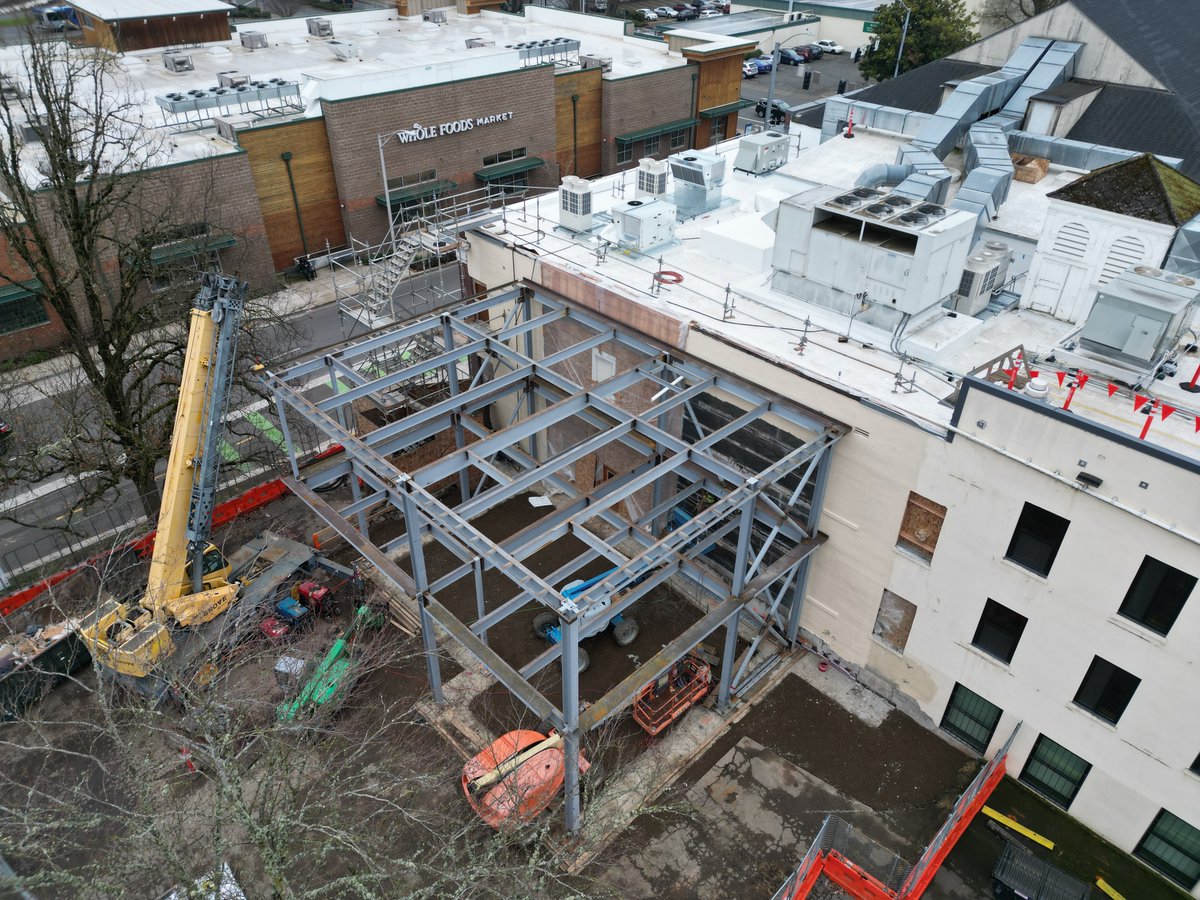 chambersconstr's tweet image. The structural steel is in place, and crews are busy installing the metal decking for the new addition at The Shedd Institute! Exciting renovations are also underway inside. #GoChambers #Construction #ProgressPhotos