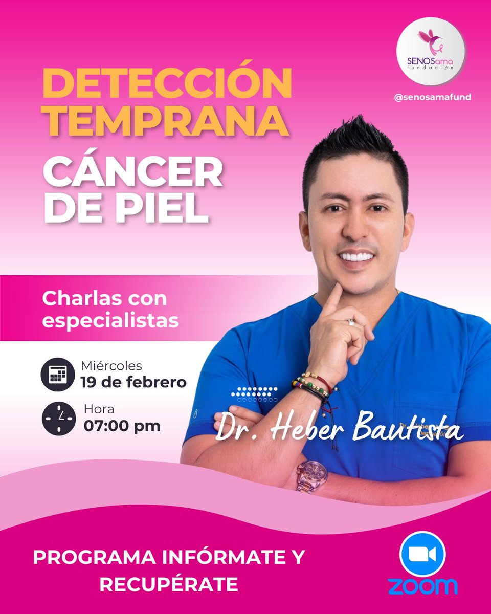 SENOSamaFund's tweet photo. 👳🏻‍♀️Fundación SENOSama le está invitando a una reunión Zoom

💆🏻‍♀️Tema: Detección temprana de cáncer de piel - Guía para detectar una lesión maligna en personal no médico - Dr. Heber Bautista

✅ Miércoles 19 de febrero 2025
✅ Hora: 07:00 p. m. Bogotá

👆 Pide el link para unirte https://t.co/rYWk9j578v