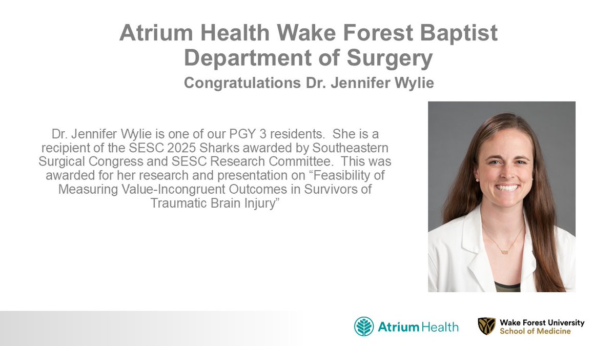 Congrats <a href="/jenniferawylie/">Jen Wylie</a>!  #SESC2025 <a href="/WakeACS/">Wake Acute Care Surgery</a> @FabianJohnston <a href="/prmillerIII/">Preston Miller</a>