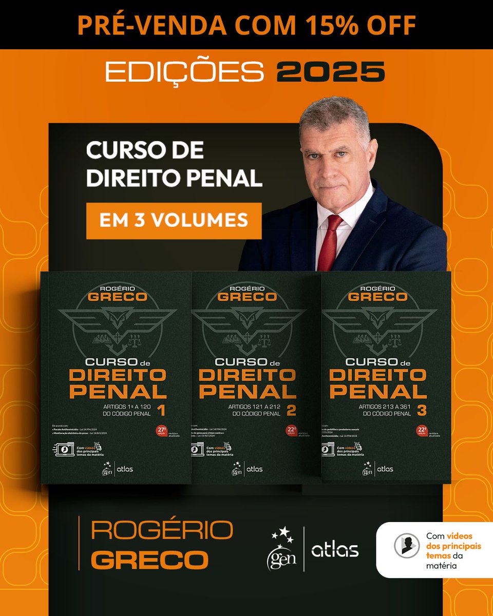 Pré-venda no ar!  Direito Penal em 3 volumes tem a finalidade de trazer ao leitor, de forma didática, clara e aprofundada, publicado sobre todos os artigos que envolvem a Parte Geral e a Parte Especial do Código Penal.

grupogen.com.br/catalogsearch/…
