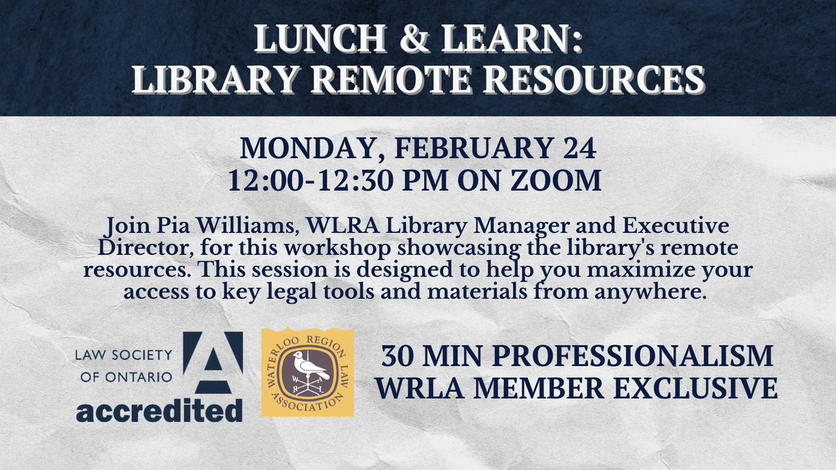 wrlaofficial's tweet photo. Another free and accredited WRLA CPD is happening next Monday. Register here: https://t.co/EtRkgM5cIY. Login required to see this WRLA Member exclusive event.

#lawassociation #lawlibrary #waterlooregion https://t.co/5yUkNMew1U
