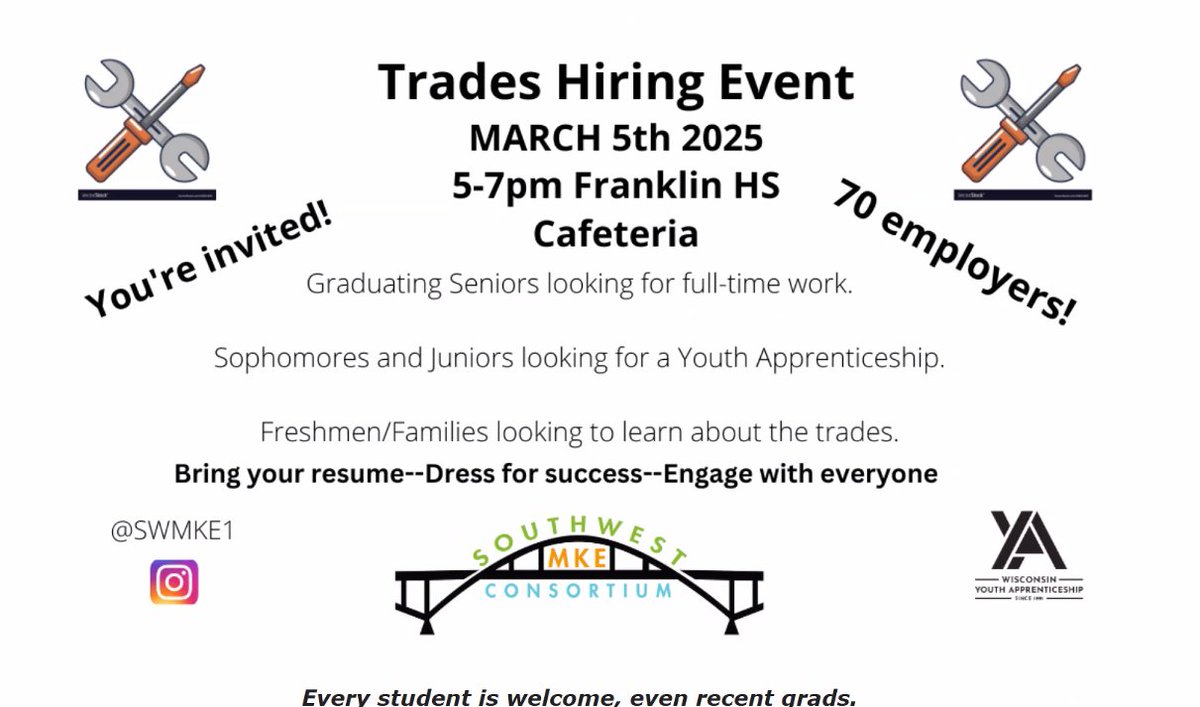 Looking for a career or simply more information about opportunities in the trades?  Please consider attending the Trades Hiring Event at Franklin High School on March 5th from 5 to 7pm.  This is a great opportunity - please see attached.