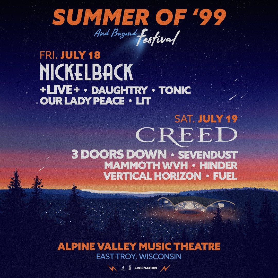 Nickelback's tweet photo. We’re teaming up with some of the biggest names in rock for one epic weekend! Tickets for Summer of 99 and Beyond Festival go on sale this Friday, February 21st at 10am Local Time. Sign up for the Bandsintown presale to get early access to tickets. 🤘

https://t.co/6xqlDAncV1 https://t.co/5pzYToz0Cm