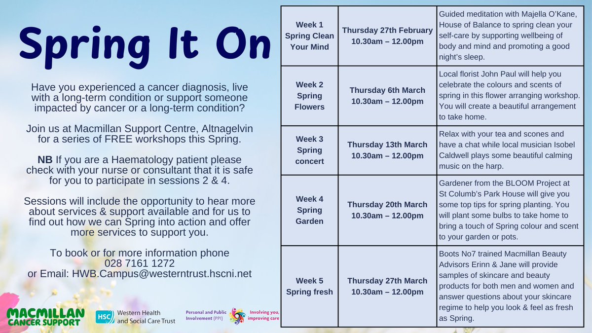 Western Trust (@westernhsctrust) on Twitter photo Have you experienced a cancer diagnosis or live with a long-term condition or care for someone impacted by cancer or a long-term condition?
Our <a href="/macmillancancer/">Macmillan Cancer Support</a> Health & Wellbeing Campus Altnagelvin Hospital invites you to a series of free workshops
Booking is essential Have you experienced a cancer diagnosis or live with a long-term condition or care for someone impacted by cancer or a long-term condition?
Our <a href="/macmillancancer/">Macmillan Cancer Support</a> Health & Wellbeing Campus Altnagelvin Hospital invites you to a series of free workshops
Booking is essential