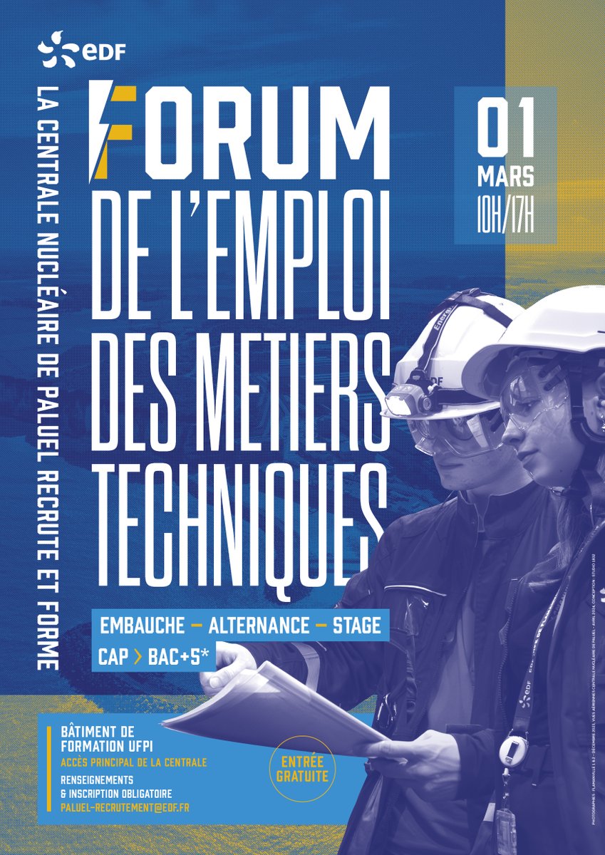 EDF_Paluel's tweet image. Emploi, stage, alternance : inscrivez-vous au Forum de l'emploi des métiers techniques organisé samedi 1er mars à la centrale de #paluel ! Recrutement du CAP au BAC+5. Vous êtes actif, étudiant ou en recherche d'emploi, venez à notre rencontre!
👉urlr.me/NCBjkT