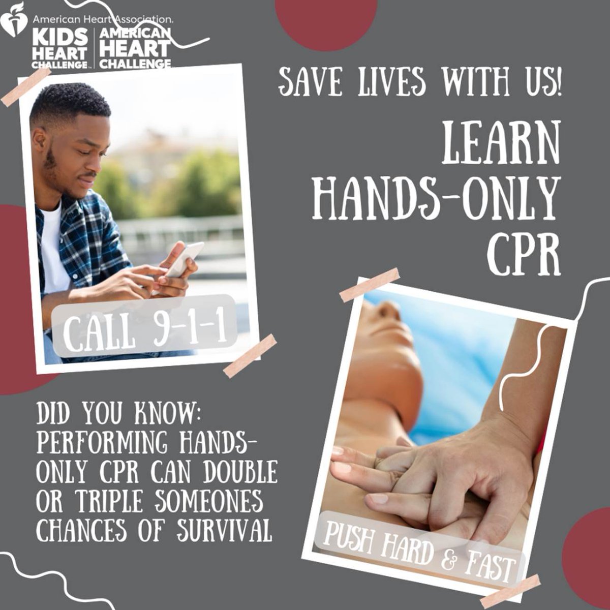 Every year about 350,000 out of hospital cardiac arrests occur, (That's more than HALF the entire population of Wyoming!) meaning that a bystander would need to step in and help! You and your family can learn hands only CPR together through your Kids Heart Challenge Page!