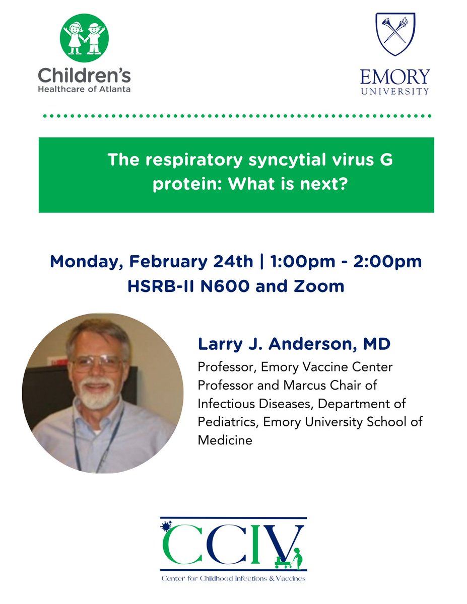 Join us Monday, February 24th, for the 5th  CCIV Seminar of the semester, featuring special guest Dr. Larry J. Anderson, in HSRB-II N600 or Zoom zoom.us/j/92049096469, from 1:00pm-2:00pm. Click link to register: pedsresearch.org/calendar/event…