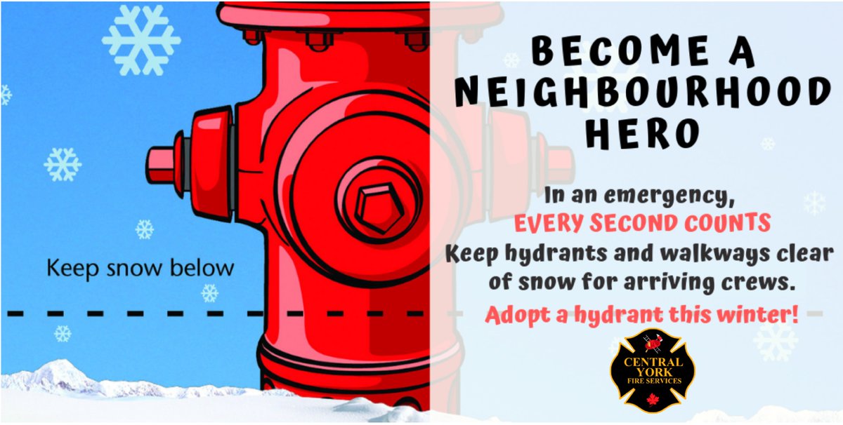 CYFS (@centralyorkfire) on Twitter photo ❄️Become a Neighborhood Hero!❄️
With this fun igloo building weather, our hydrants are getting lost.
While outside indulging your inner child, clear out your nearest hydrant and pathways. 
Every second counts in the event of an emergency, #AdoptAHydrant this winter! ❄️Become a Neighborhood Hero!❄️
With this fun igloo building weather, our hydrants are getting lost.
While outside indulging your inner child, clear out your nearest hydrant and pathways. 
Every second counts in the event of an emergency, #AdoptAHydrant this winter!