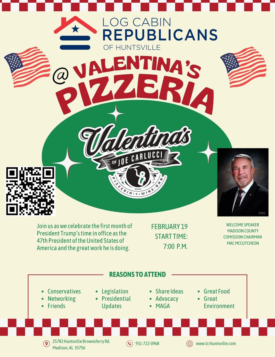 HSVLogcabin's tweet photo. We look forward to seeing everyone at our social Wednesday February 19 at 7 pm. Please help us welcome Madison County Commission Chairman Mac McCutcheon as a guest speaker. #alpolitics @ALGOP #logcabinrepublicans https://t.co/zWsIBT4Bja