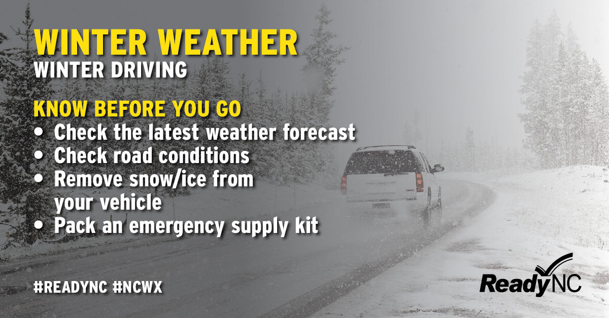 NCEmergency's tweet image. Winter precipitation can create hazardous conditions on the roads. The safest thing to do during winter storms is to stay home, but if you must travel, keep these tips in mind. #ncwx #WinterWx
