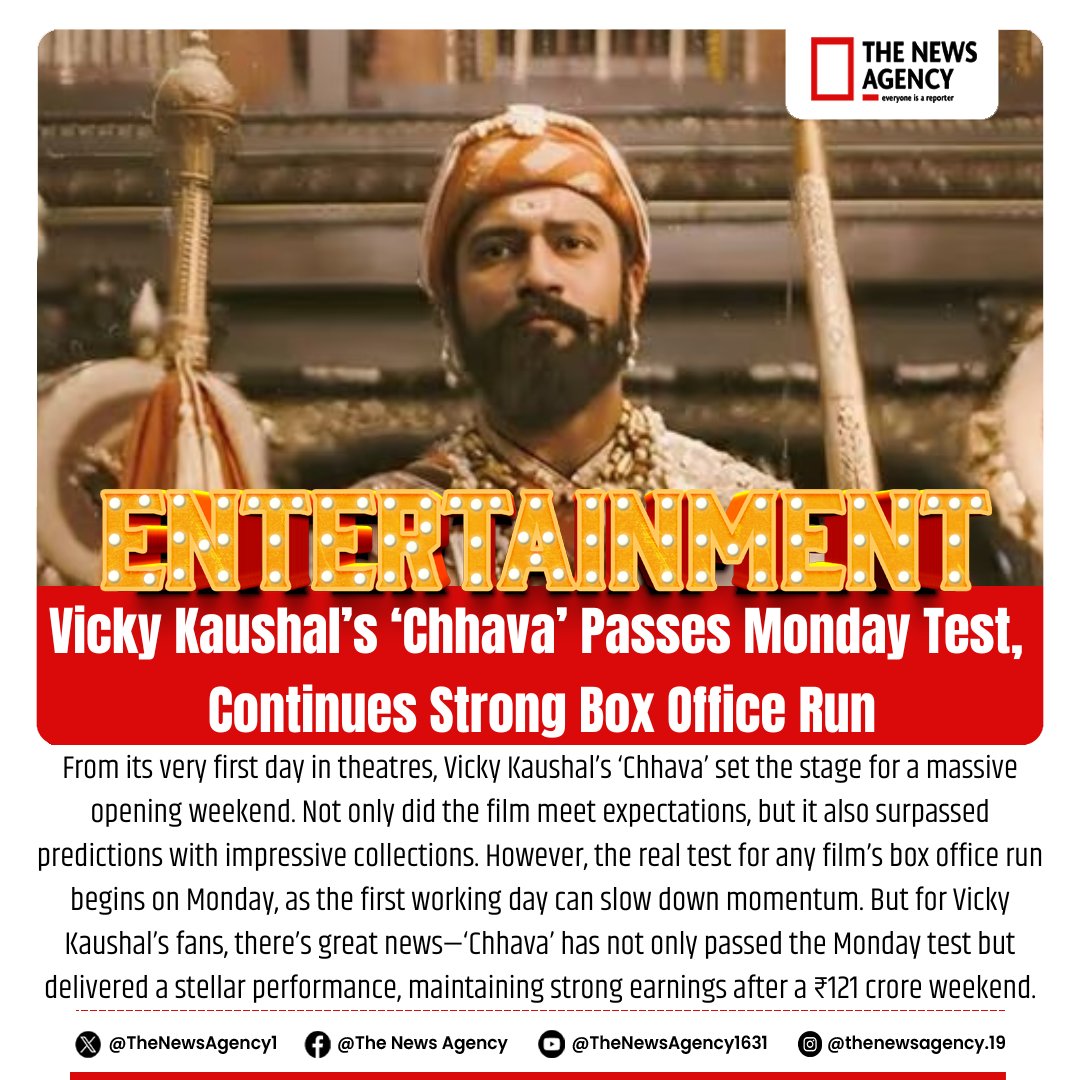 TheNewsAgency1's tweet photo. #VickyKaushal #Chhava #BoxOfficeSuccess #Bollywood #Blockbuster #WeekendCollection #MondayTest #HitMovie #BollywoodNews #Trending #EntertainmentNews #News #Chhava @vickykaushal09 https://t.co/n39frFhLfS