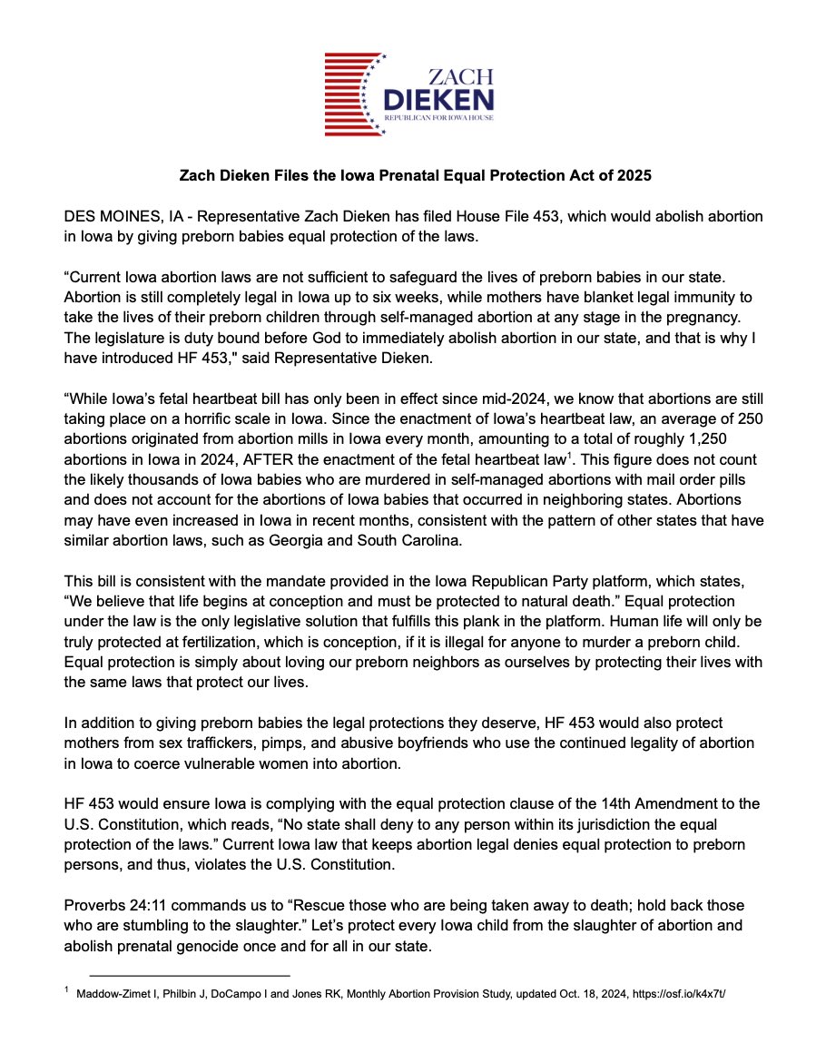 Iowa press release for our bill to provide equal protection and equal justice for unborn children.