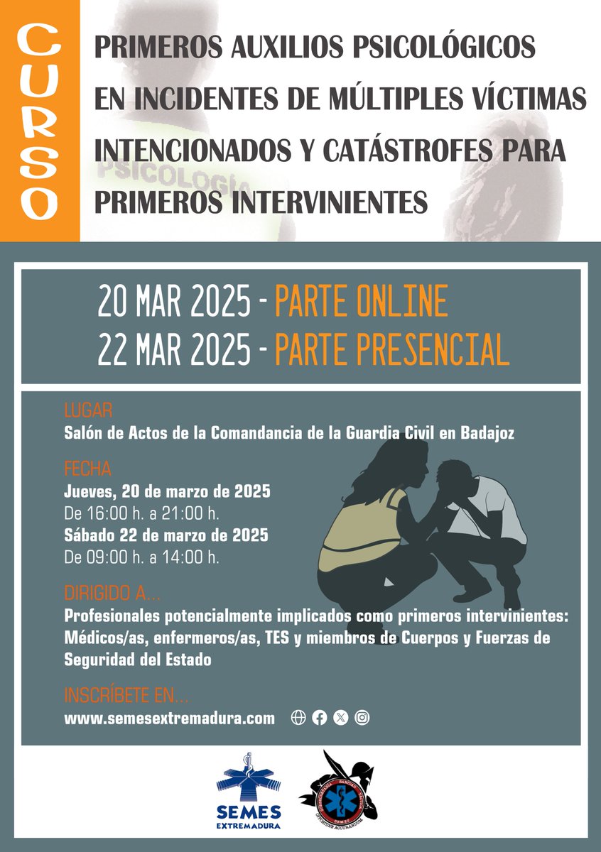 📢📢 NUEVO CURSO 

PRIMEROS AUXILIOS PSICOLÓGICOS EN INCIDENTES DE MÚLTIPLES VÍCTIMAS INTENCIONADOS Y CATÁSTROFES PARA PRIMEROS INTERVINIENTES

🗓️ 20 de marzo (sesión online)
🗓️ 22 de marzo (sesión presencial)

📍 Badajoz 
Inscripcioens + info. 👇
semesextremadura.com/curso-primero-…