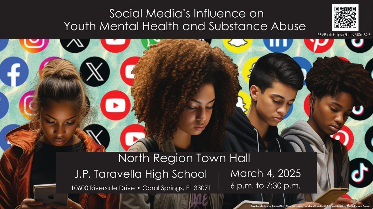TONIGHT!
North Region Town Hall: Join us Tuesday, March 4 at J.P. Taravella High School for a critical discussion on social media’s impact on youth mental health &amp; substance abuse. RSVP now: bit.ly/40m82IS.