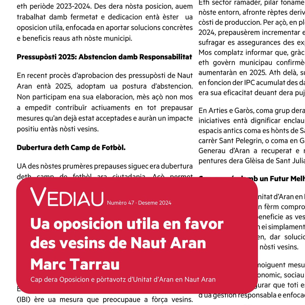 unitatdaran's tweet photo. 🗞️ Ua oposicion utila en favor des vesins de Naut Aran
🗣️ Editoriau deth #Vediau47 de @marc_tarrau, Cap dera Oposicion e pòrtavotz d’Unitat d’Aran en Naut Aran
👉🏽 Disponible en https://t.co/IoHilMJXSh o en link deth perfil de @unitataran
#UnitatdAran #UA #Vediau47 #ValdAran https://t.co/kMAuKjkpOx