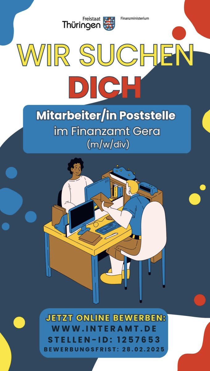 #Stellenausschreibung

✨Mitarbeiter/in Poststelle (m/w/div)✨ im Finanzamt #Gera gesucht❗️

Jetzt online bis zum 28.02.2025 bewerben unter
⬇️⬇️⬇️
interamt.de

Stellen-ID: 1257653

Beitrag gern teilen‼ ️