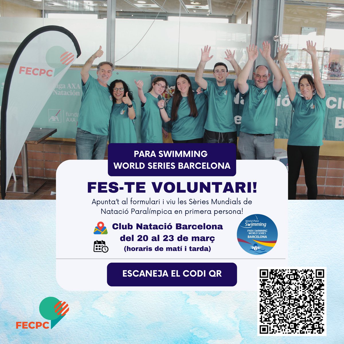 FECPC's tweet photo. 🙌 Fes-te #voluntari !

🌍🏊‍♀️ Les Sèries Mundials de Natació Paralímpica arriben a Barcelona

📍 CN Barcelona

📅 Del 17 al 23 de març de 2025 (horaris de matí i tarda)

📲 Escaneja el codi QR o entra a https://t.co/4jDs3M2qMe

#paraswimming #volunteering #barcelona https://t.co/Wjbr1YB84N
