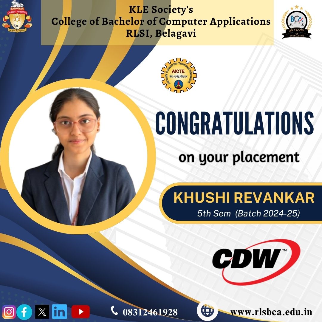 rlsbca's tweet photo. "Congratulations Khushi Revankar on securing your placement at CDW. Your hard work, determination, and dedication have truly paid off. Wishing you all the best as you take this exciting next step in your career journey!"
#rlsbca #rlsibca #klesociety #bcacollege #placementsatRLS https://t.co/mWCoWJ8T3Q