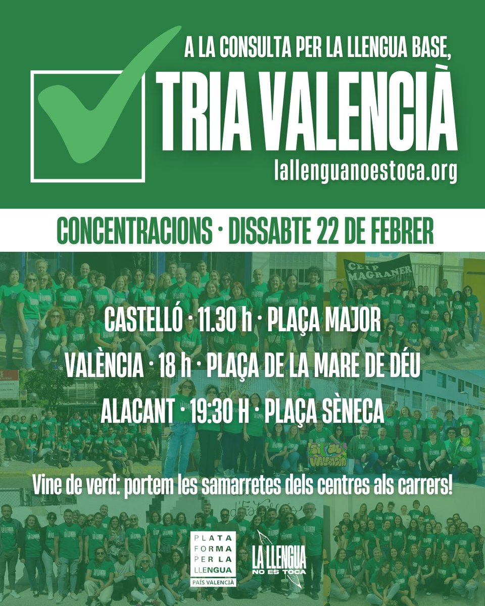 llenguacat_PV's tweet photo. ❗Fem una crida a la mobilització ciutadana el proper 22 de febrer a Castelló, València i Alacant!

🟢Aquest dissabte toca treure les samarretes verdes i defensar la llengua al carrer!  #LaLlenguaNoEsToca #RoviraDimissió 

📰Més informació ací: https://t.co/4h1eOMnhhm https://t.co/UtINO9XKhS
