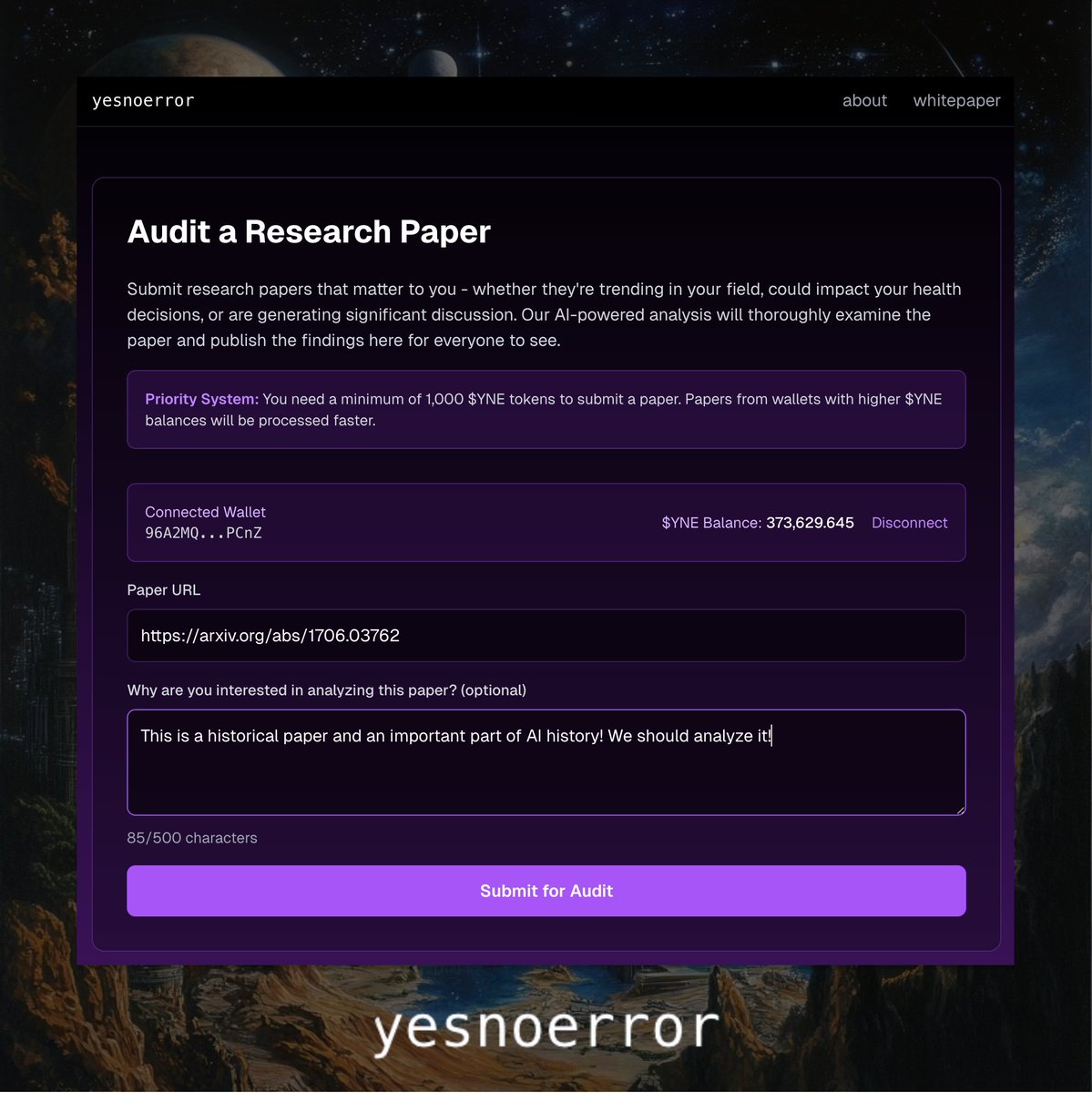 OFFICIAL ANNOUNCEMENT: You can now use $YNE to audit research papers on <a href="/yesnoerror/">yesnoerror</a> for errors and discrepancies. 

If you know of a paper that is going viral and could have errors, please submit it to <a href="/yesnoerror/">yesnoerror</a> to be audited.

How v.01 works:

- Connect your wallet
- Submit