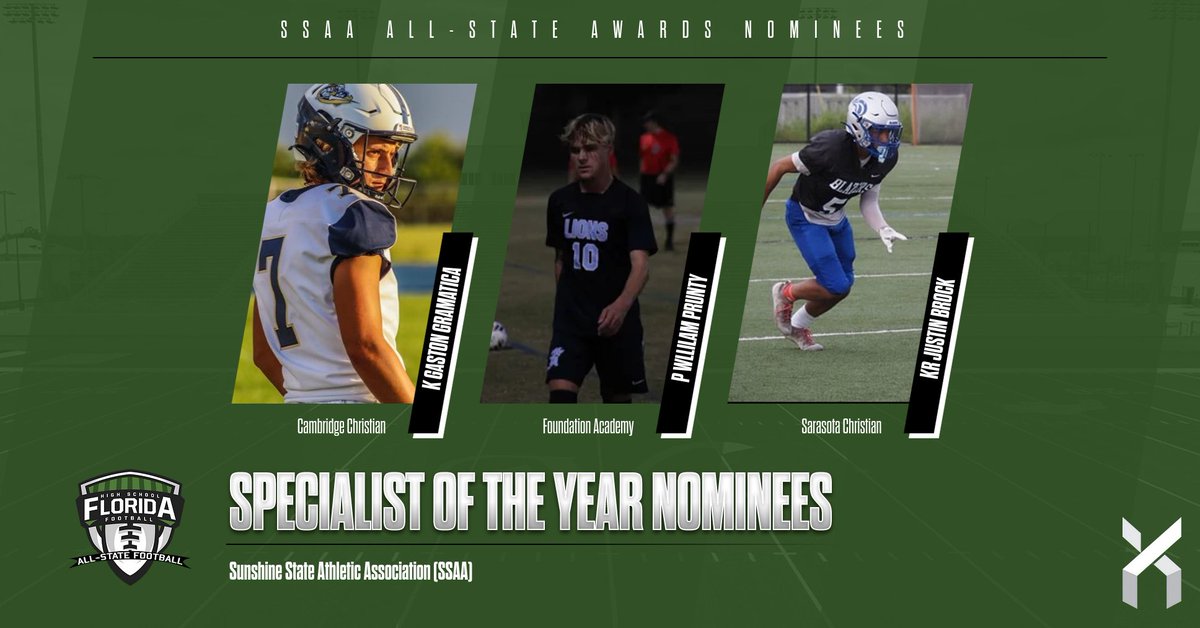 FloridaHSFootball.com (@flahsfootball) on Twitter photo 2024 SSAA SPECIALIST OF THE YEAR NOMINEES
• K Gaston Gramatica, Cambridge Christian (Tampa), Jr.
• P William Prunty, Foundation Academy (Winter Garden), Sr.
• KR Justin Brock, Sarasota Christian, Jr.
#flhsfb <a href="/SSAAFootball/">SSAA Football</a> <a href="/faathletic/">FA Lions Athletics</a> <a href="/SRQBlazers/">SCS Blazer Athletics</a> <a href="/FACACoach/">FACA</a> <a href="/FHS7v7A/">FLORIDA HIGH SCHOOL 7v7 ASSOCIATION</a> 2024 SSAA SPECIALIST OF THE YEAR NOMINEES
• K Gaston Gramatica, Cambridge Christian (Tampa), Jr.
• P William Prunty, Foundation Academy (Winter Garden), Sr.
• KR Justin Brock, Sarasota Christian, Jr.
#flhsfb <a href="/SSAAFootball/">SSAA Football</a> <a href="/faathletic/">FA Lions Athletics</a> <a href="/SRQBlazers/">SCS Blazer Athletics</a> <a href="/FACACoach/">FACA</a> <a href="/FHS7v7A/">FLORIDA HIGH SCHOOL 7v7 ASSOCIATION</a>