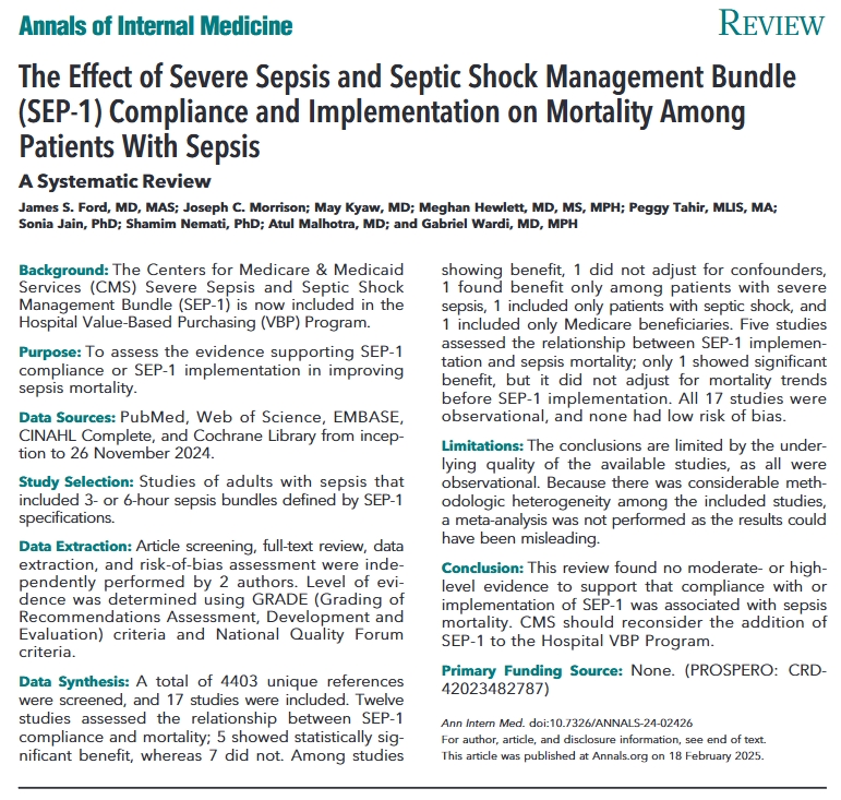 AnnalsofIM's tweet photo. The @CMSGov  Severe Sepsis and Septic Shock (SEP-1) Management Bundle is included in the Hospital Value-Based Purchasing Program. A new systematic review assessed the evidence supporting implementation of SEP-1 bundle compliance or SEP-1 implementation in improving sepsis mortality. https://t.co/Qn65SjzaZB

@jamesfordmd  @UCSDMedSchool