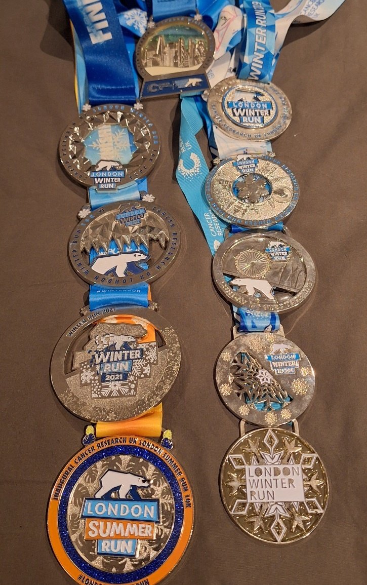 I am looking forward to adding another medal to the collection. I remember the very first Winter Run. Excited for Sunday <a href="/CR_UK/">Cancer Research UK</a> and #winterrun ❄️🥶🐧☃️