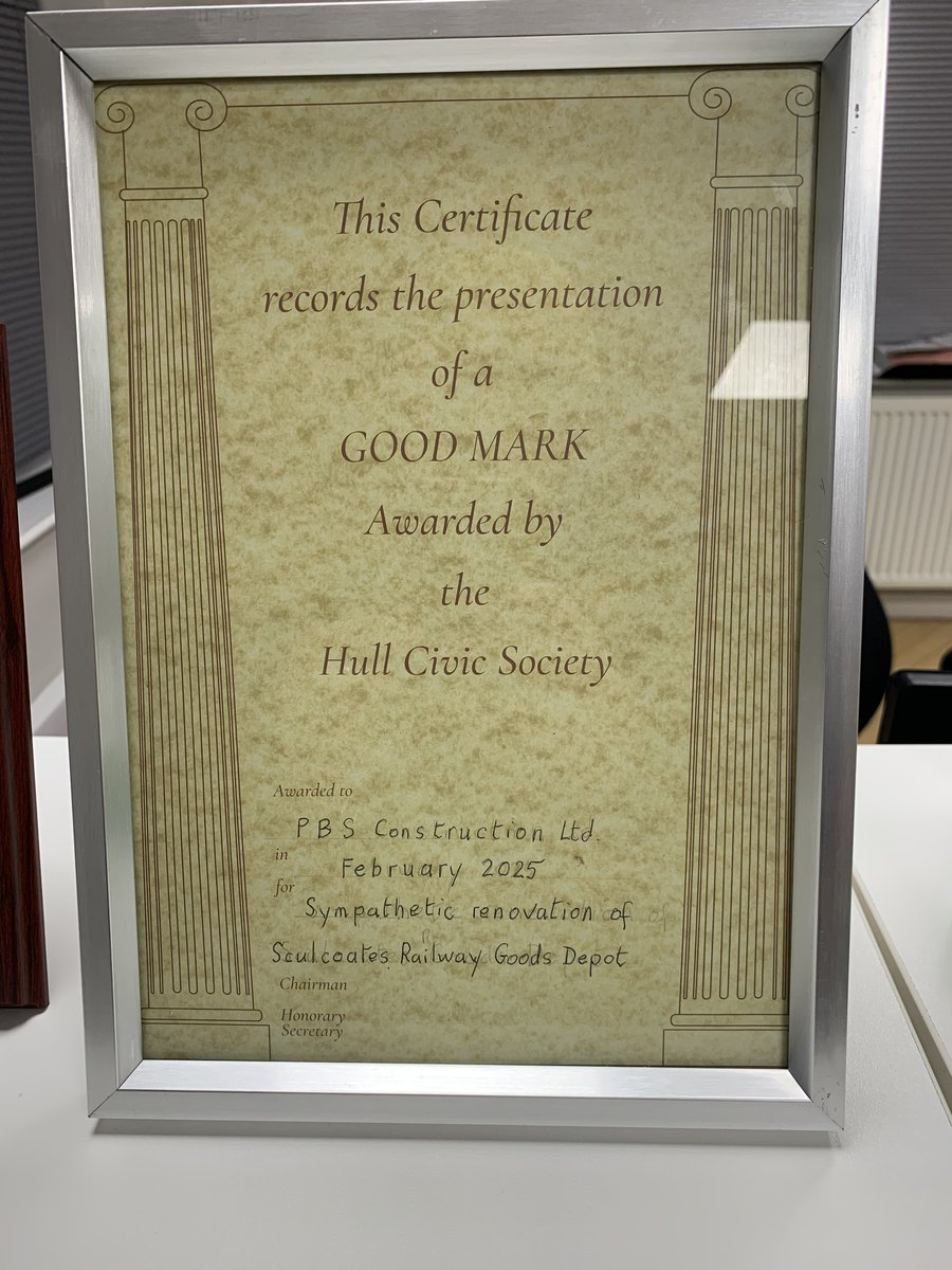 PBS Construction Ltd (@pbsconstruct) on Twitter photo We were delighted to receive this certificate from the <a href="/CivicHull/">Hull Civic Society</a>. It recognises the 'Good Mark' we've been awarded by the Society for the sympathetic restoration of the roof on our yard at Bankside which stands on the site of the former Sculcoates Railway Goods Depot. We were delighted to receive this certificate from the <a href="/CivicHull/">Hull Civic Society</a>. It recognises the 'Good Mark' we've been awarded by the Society for the sympathetic restoration of the roof on our yard at Bankside which stands on the site of the former Sculcoates Railway Goods Depot.
