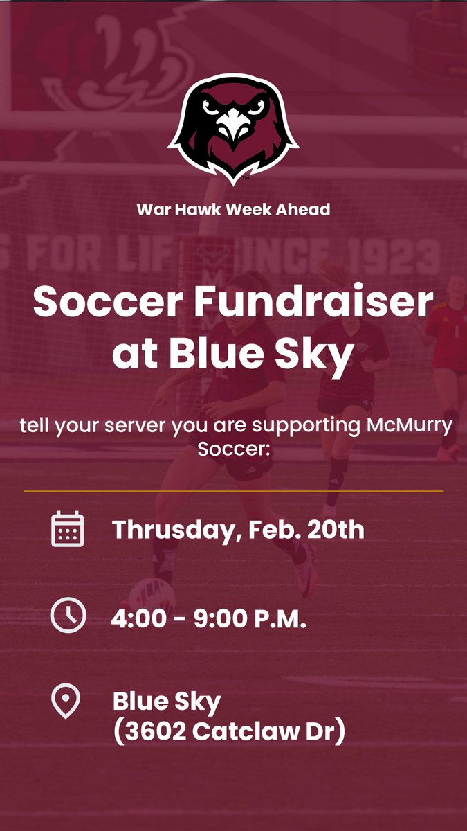 McMurry Soccer (@mcmurrysoccer) on Twitter photo Thank you <a href="/mcmuniv/">McMurry University</a> for the graphic! All the fans of McMurry University please come support soccer on Thursday at Blue Sky with a delicious dinner! Just tell them McMurry Soccer sent you! Thank you <a href="/mcmuniv/">McMurry University</a> for the graphic! All the fans of McMurry University please come support soccer on Thursday at Blue Sky with a delicious dinner! Just tell them McMurry Soccer sent you!