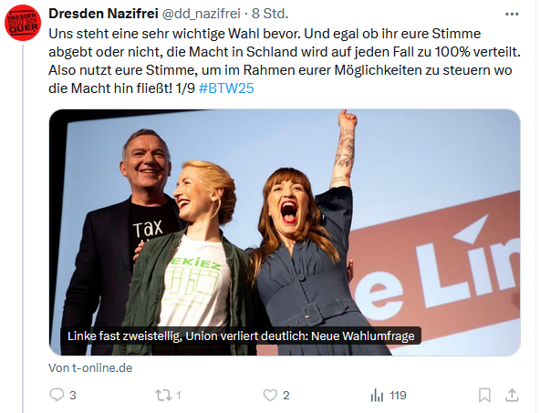 Facharbeiter3's tweet photo. Da die Grünen in #Dresden nur eine Langzeitstudentin aus dem Westen für den Bundestag aufstellen, geht der Trend offenbar wieder zur Linkspartei. Diese Partei ist für das Volk aber nicht besser. Eine rote Genossin hat gerade erst ein Asylheim in Klotzsche eröffnet. #Sachsen https://t.co/LbJw0ElZPX