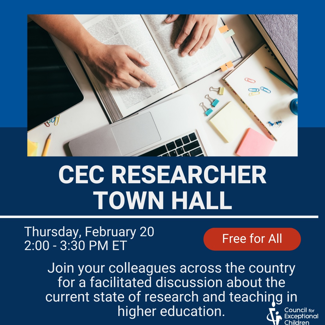 Special education researchers 🔔 Join us this Thursday at 2:00pm EST for townhall organized by CEC and hosted by leadership from Division for Research, Teacher Education Division, and Division on Career Development &amp; Transition. Register here: us06web.zoom.us/webinar/regist…