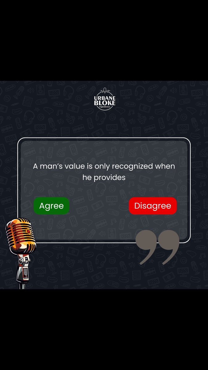 UrbaneBloke's tweet photo. If a man stops providing, does he stop being valued?
✅ Agree – A man’s worth is tied to his ability to provide.
❌ Disagree – A man’s value goes beyond provision.
Drop your thoughts in the comments!
#urbanelifestyle #realtalk #podcast #deepconversation #urbaneblokepodcast https://t.co/R6dTTDOfYW