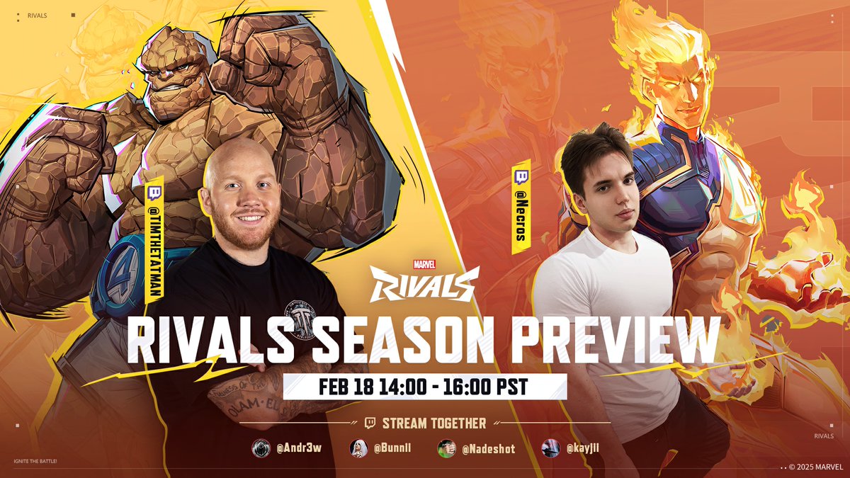 Excited to see more of the second half of Season 1?

Don’t miss out! Join Necros, TimTheTatman, and other amazing streamers for an exhilarating sneak peek of Human Torch, The Thing, and more exciting new content! Tune in live on February 18th from 2 PM to 4 PM PST. 

Catch the