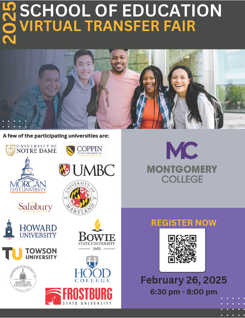 TeacherEdMC's tweet photo. Join us for the Virtual Transfer Fair on Feb 26th at 6:30-8:00pm

This is your opportunity to meet with representatives from several four-year institutions. Learn about admission requirements, financial aid and scholarship opportunities, transfer credits, and more. https://t.co/ebG5ji2ZwC
