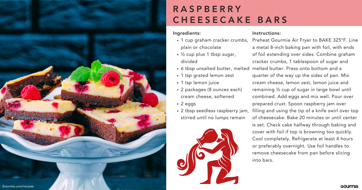gourmia's tweet photo. End Aquarius season with a sweet finish! 🍰💫 These Raspberry Cheesecake Bars are the perfect treat to wrap up the bold energy of this zodiac sign.✨ Time to indulge before the next season begins! #AgeOfAquarius #ZodiacRecipes | https://t.co/sGBDzOIbmt https://t.co/QcbHsEAuIq