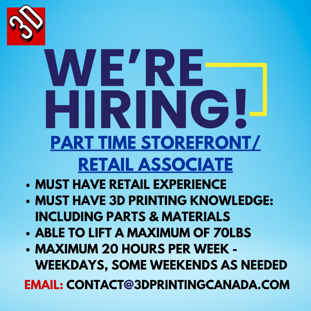 3dprintingcan's tweet image. We're looking for a 3D Printing Enthusiast to join our team!

Working in our Retail Store Front in Hamilton, Ontario -
Part Time - 20 Hours Per Week, Some Weekends as
Needed. 

#3D #3DPC #3DPrintingCanada #3DPrinting #ShopNow #ShopCanadian #Hiring #NowHiring #HamOnt #HamOntJobs