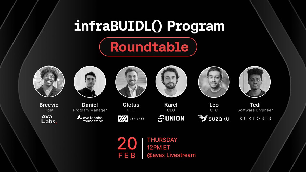 Introducing our first-ever infraBUIDL() Program Roundtable 🔺

Join us on <a href="/avax/">Avalanche🔺</a> to hear from our grantees and discover why they chose to BUIDL core infrastructure on Avalanche 🧱

Tune in at 12pm ET, Thursday, February 20th!