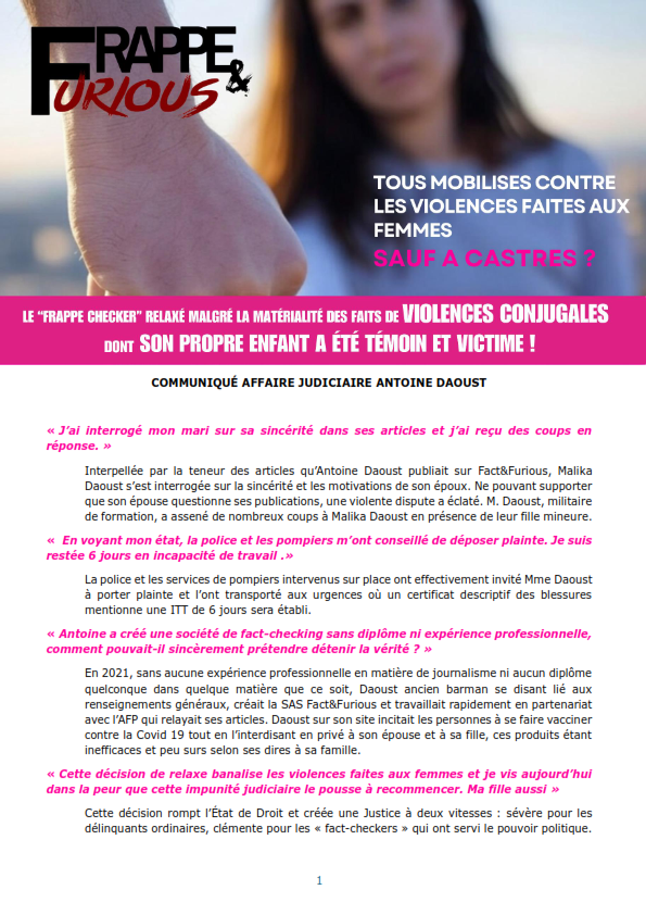 DaoustMalika's tweet photo. ⚖️Communiqué - Tous mobilisés contre les violences faites aux femmes sauf à Castres? 
La 🇫🇷 protège-t-elle plus ses anciens militaires violents que les femmes battues? 
Est-ce cela la défense de la prétendue Grande Cause Nationale d'@EmmanuelMacron? @GDarmanin @ambalgerieparis https://t.co/jbFXvWEaxd