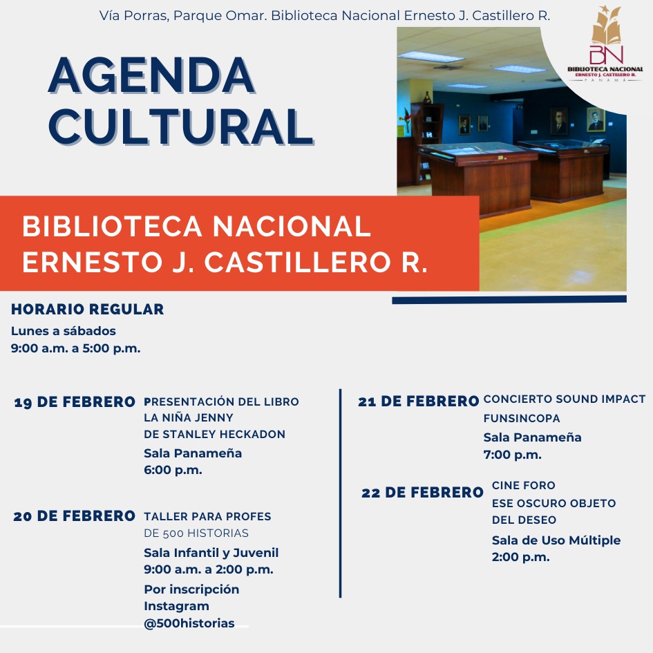 La <a href="/BinalPanama/">Biblioteca Nacional</a> anunció su programación cultural y educativa del 19 al 22 de febrero, con actividades gratuitas que incluyen presentaciones literarias, talleres de escritura, conciertos y cine foro. 

#PanamaEnDirecto <a href="/ARCA_Media/">Arca Media en Directo</a>