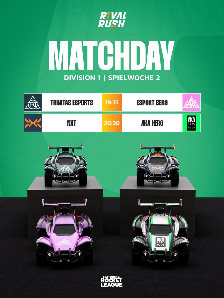 Welche Teams werden sich heute durchsetzen? 👀

19:15 <a href="/TrinitasEsports/">Trinitas Esports</a> vs <a href="/esportBERG/">BERG</a> 
20:30 <a href="/GONXTGG/">NXT</a> vs <a href="/AKAHEROESPORT/">AKA HERO</a> 

📺 twitch.tv/rivalrushrl