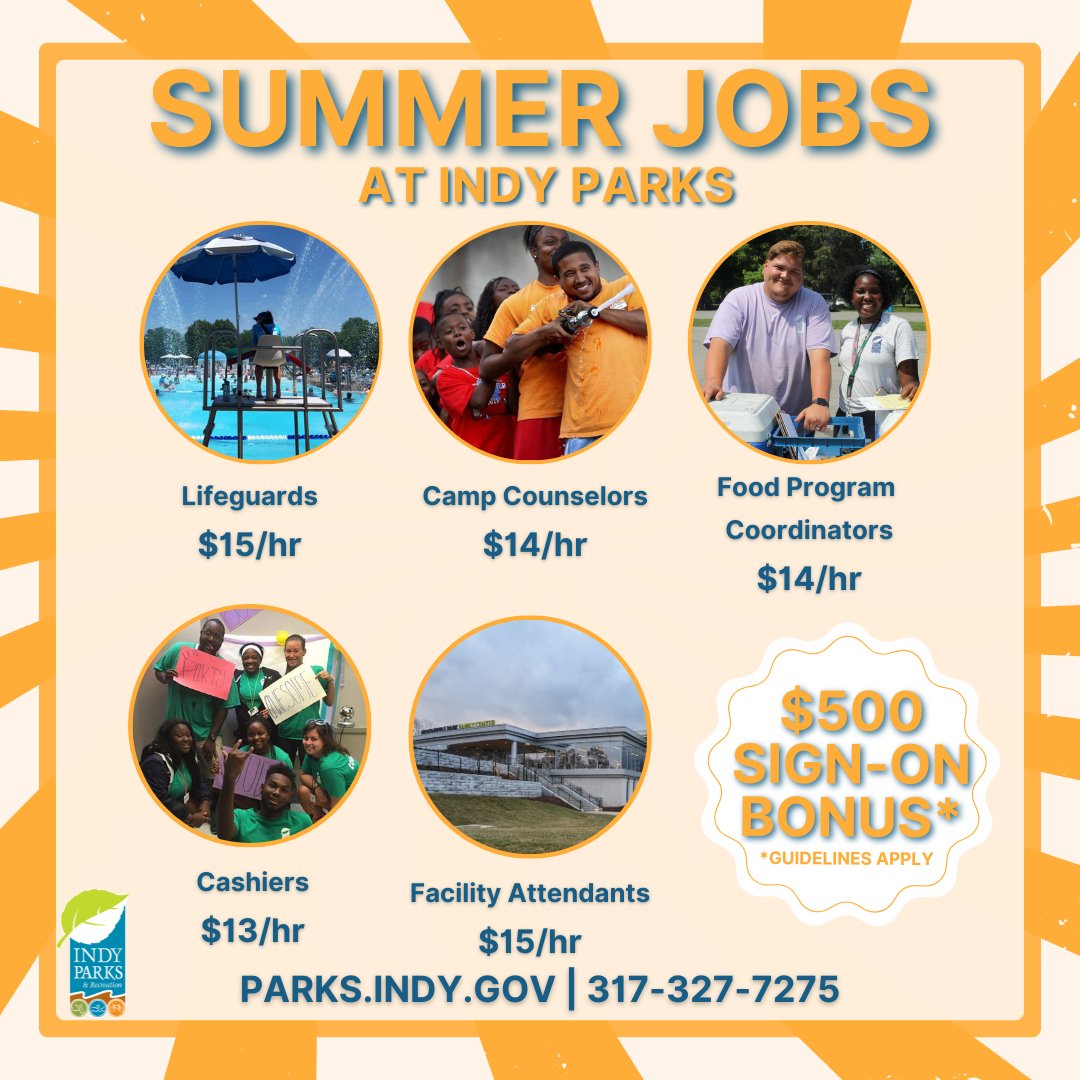 Are you or someone you know looking for a summer job? Join the Indy Parks team this season! We are looking for lifeguards, camp counselors, cashiers, and MORE 🏊🏼🥾 Apply before April 4 for a $500 sign-on bonus. Learn more at the link in our bio: parks.indy.gov/summerjobs