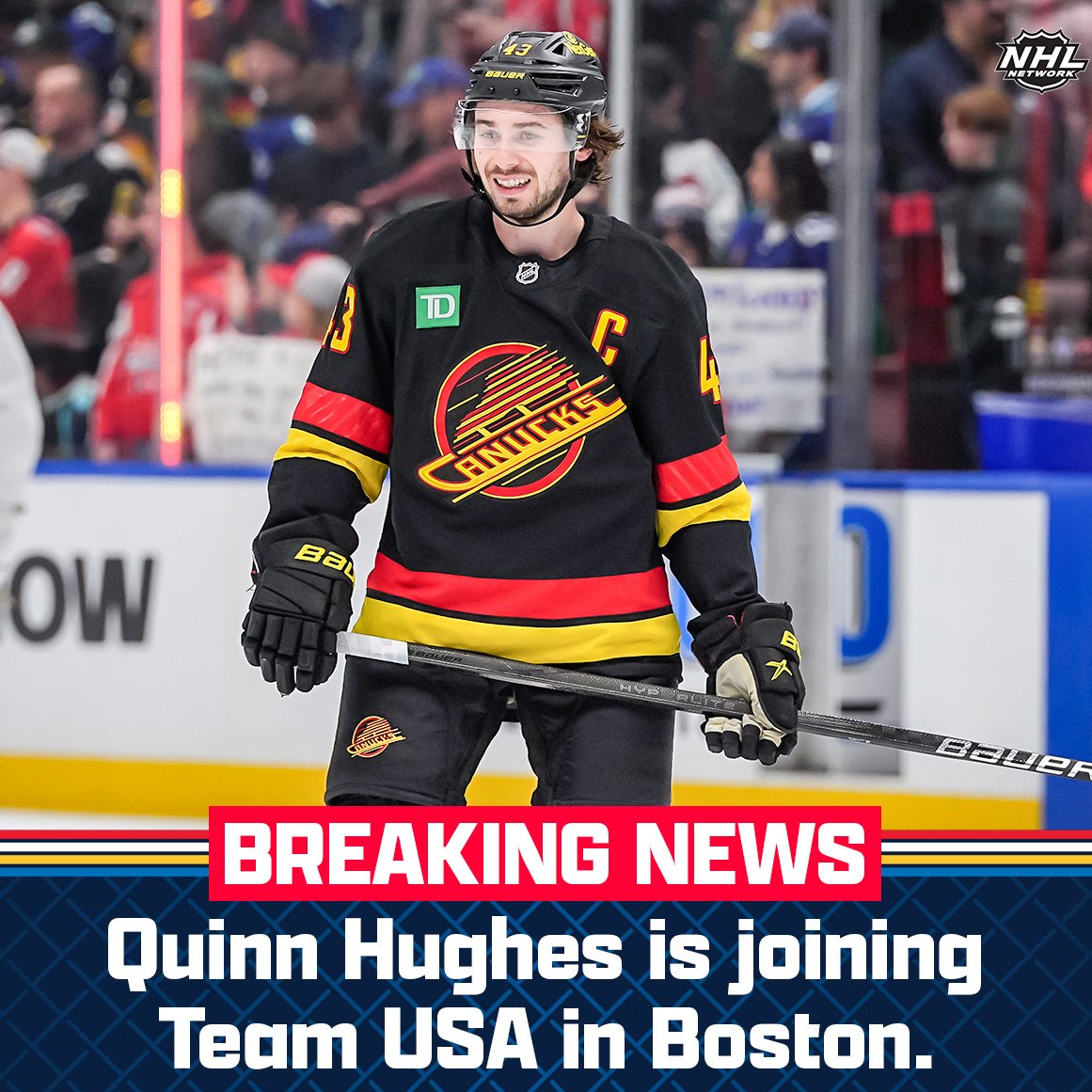NHLMedia's tweet photo. 🚨 Quinn Hughes is on the way! 🚨

#4Nations | @Canucks | @usahockey https://t.co/JVxpXc8oHi