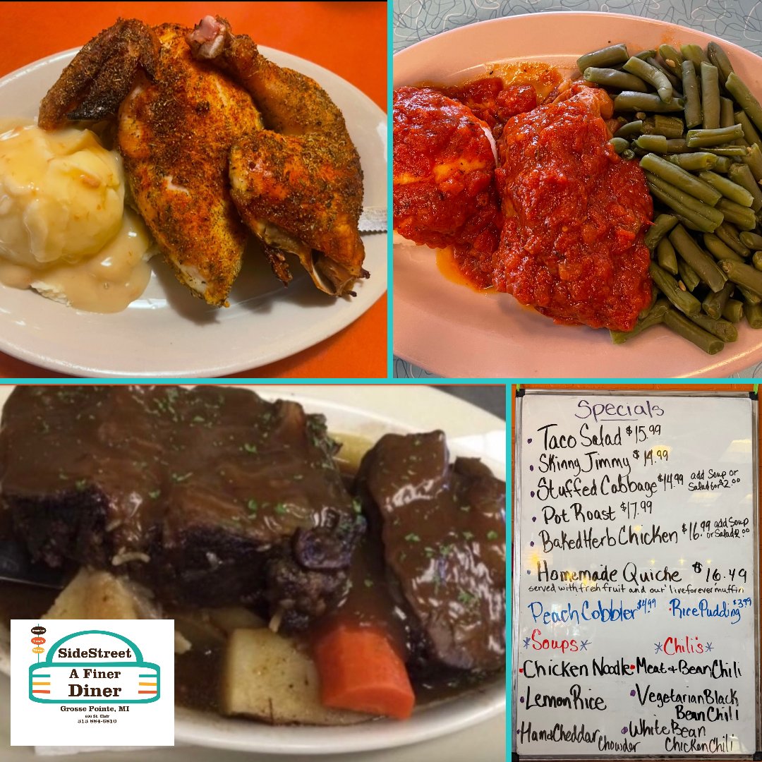 sidestreetdiner's tweet photo. Great Daily specials to choose from! Baked herb Chicken, Stuffed Cabbage, Pot Roast dinner, Taco Salad Skinny Jimmy Ham Sandwich #sidestreetdiner  #diner #hometowndiner #grossepointe #lunch #dinner #gp_village #gpdiner #dinerfood #MadeWithRipl via https://t.co/0DpXcKXnHs https://t.co/JBnZq4Hzjm