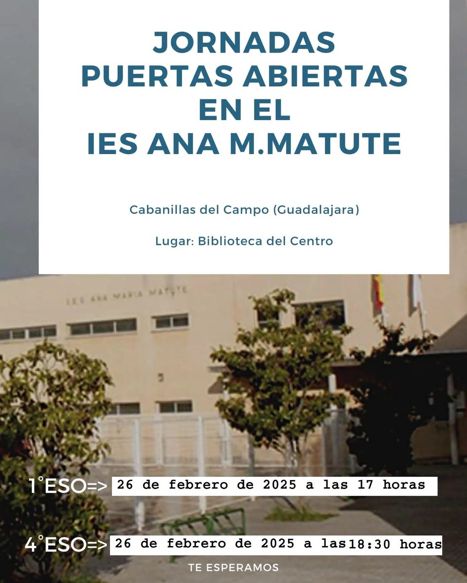 ¡URGENTE! CORRECCIÓN PUERTAS ABIERTAS: por motivos ajenos a nuestra voluntad, se cambia la fecha y hora de la Jornada de Puertas Abiertas para alumnado procedente de 4°ESO y
la nueva fecha y hora: 26 de febrero a 18:30 horas.
Disculpen las molestias.

…riamatute.centros.castillalamancha.es/anuncios/jorna…