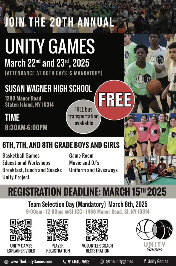 Staten Island Borough President Vito J. Fossella (@sibpvito) on Twitter photo 🏀The 20th Annual <a href="/TheUnityGames/">TheUnityGames</a> are almost here! A FREE two-day event for 6th, 7th, and 8th graders filled with basketball, workshops, music, and more!
📅 March 22-23, 2025 | 📍 Susan Wagner HS
🔗 Register by March 15 at TheUnityGames.com
#UnityGames #StatenIsland 🏀The 20th Annual <a href="/TheUnityGames/">TheUnityGames</a> are almost here! A FREE two-day event for 6th, 7th, and 8th graders filled with basketball, workshops, music, and more!
📅 March 22-23, 2025 | 📍 Susan Wagner HS
🔗 Register by March 15 at TheUnityGames.com
#UnityGames #StatenIsland