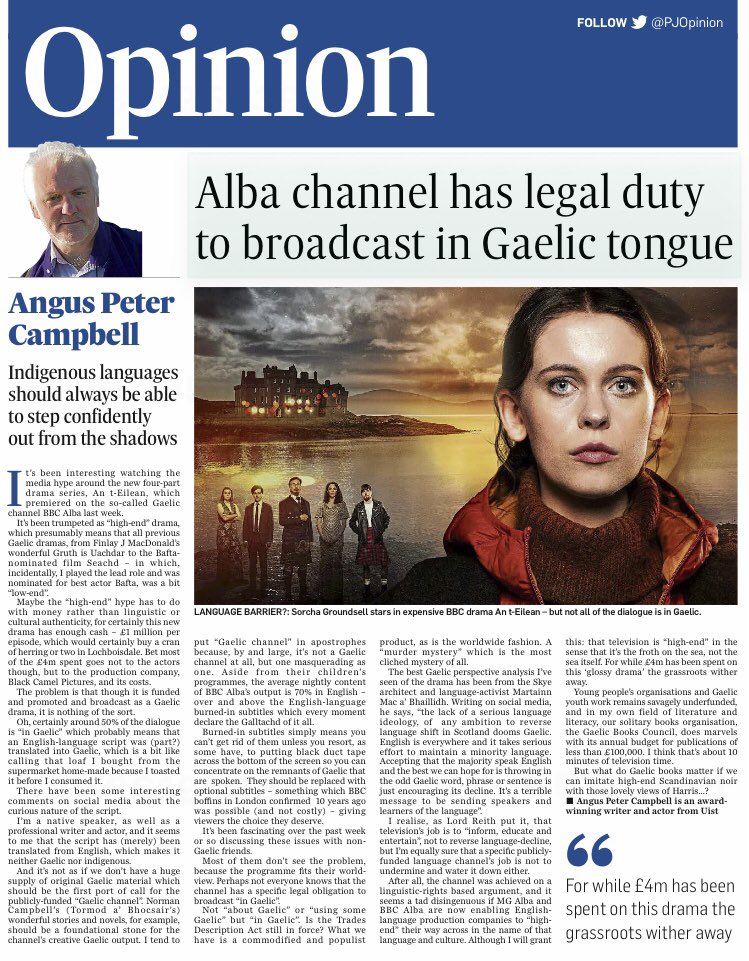 Colbh. My monthly column in the P&amp;J.
'Perhaps not everyone knows that the channel (BBC Alba) has a specific legal obligation to broadcast “in Gaelic”.
Not “about Gaelic” or “using some Gaelic” but “in Gaelic”. Is the Trades Description Act still in force?':